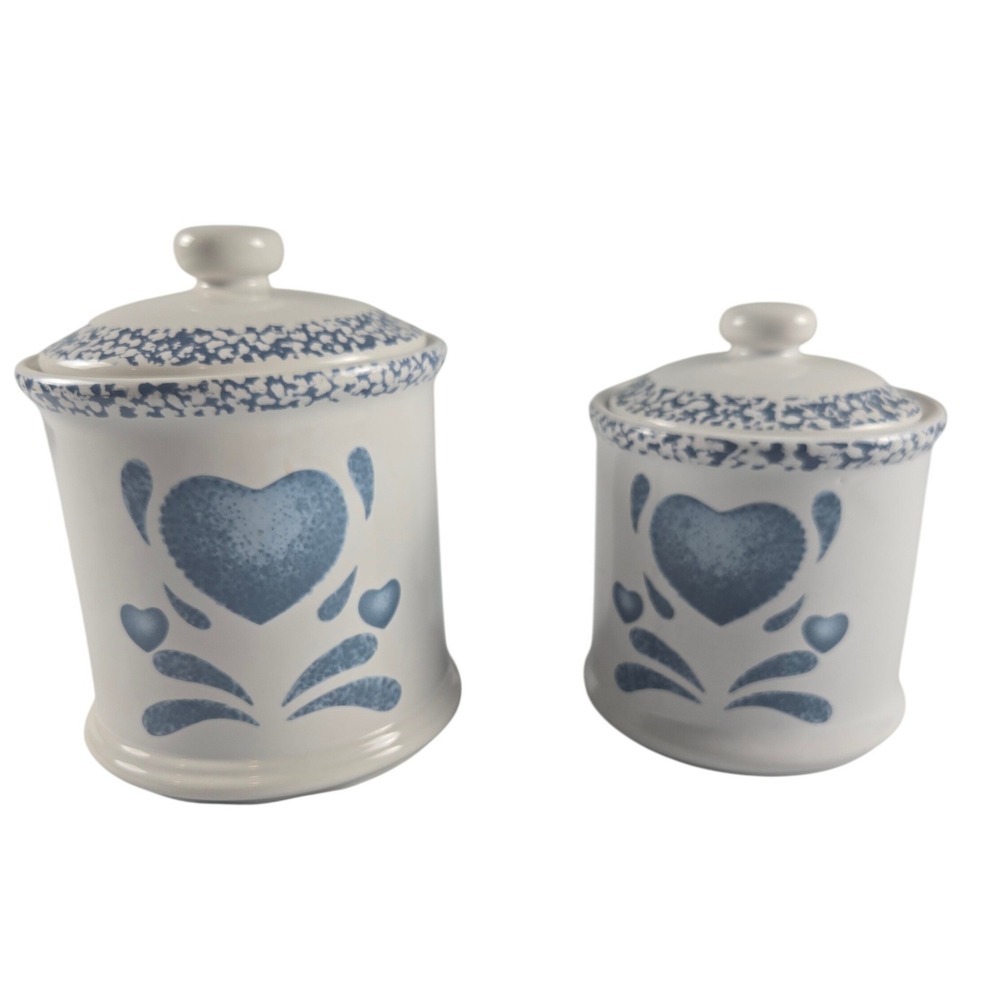 Vintagev Kitchen Canister Set 2pc Blue White Heart Ceramic Cottagecore Farmhouse